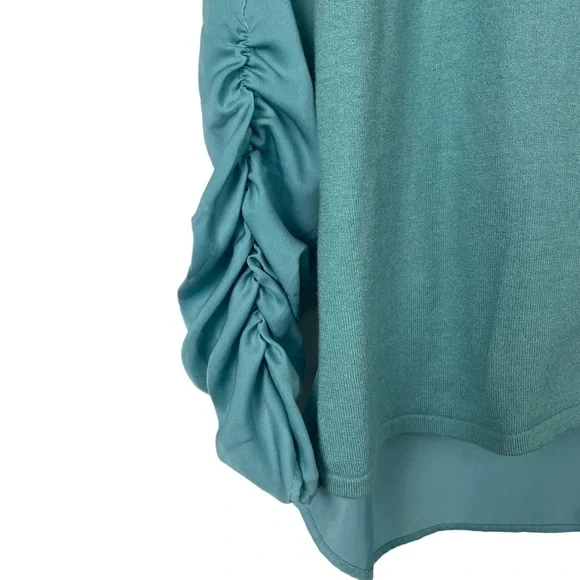 H Halston Sweater Womens Small Turquoise Blue Green Knit Front Satiny Back Ruch - Picture 2 of 8